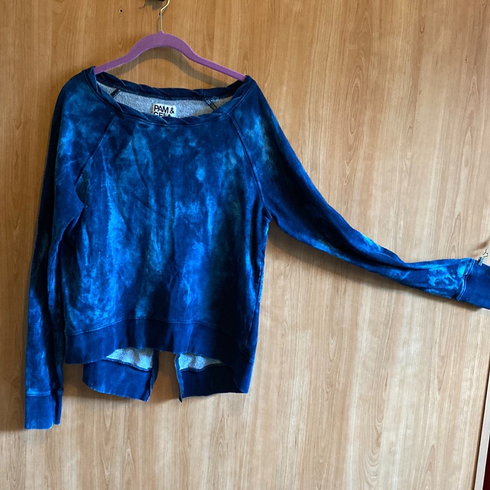 Pam and Gela blue tye dye zip-back hi-low sweatshirt